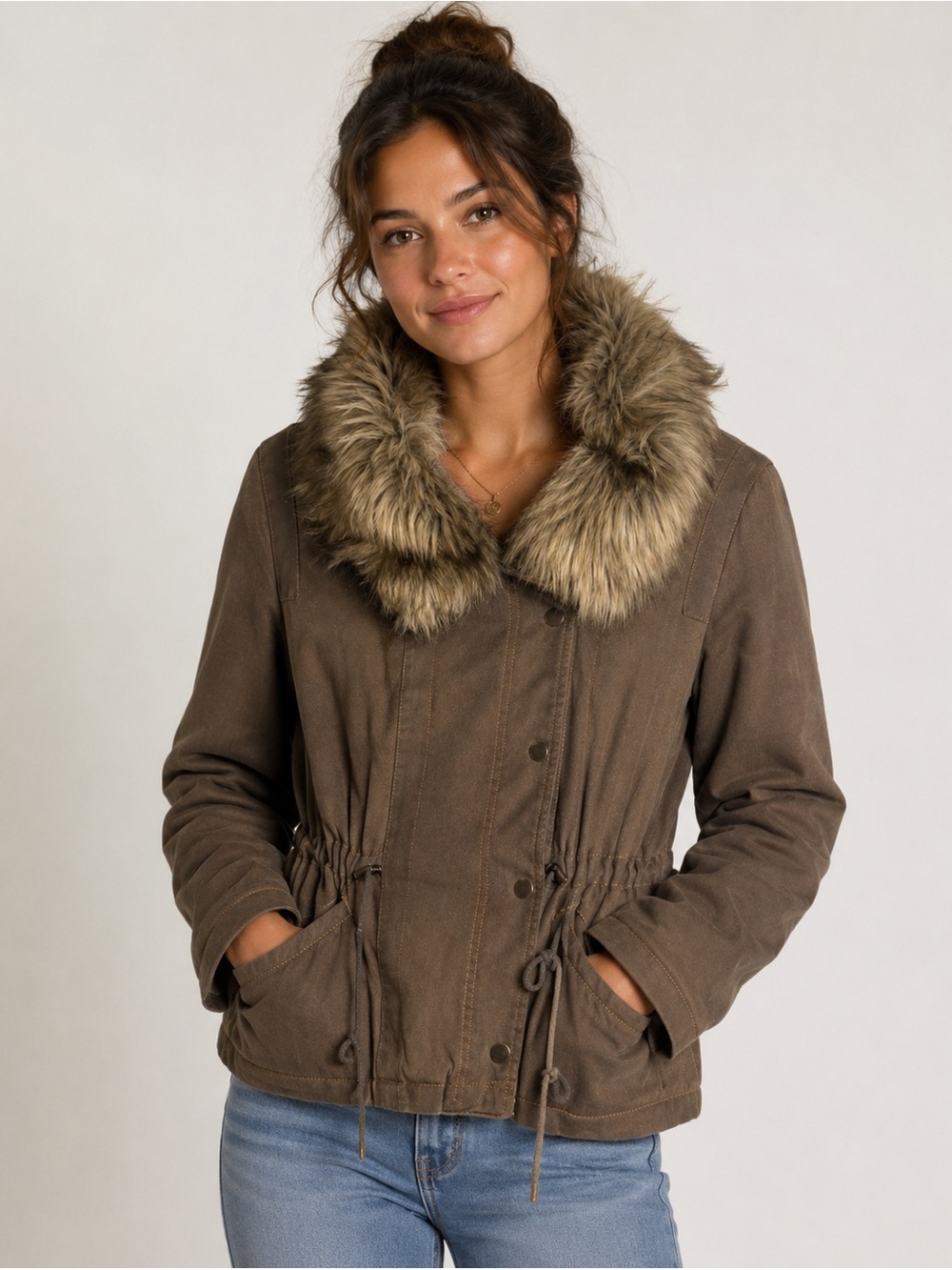 Free People Washed Cotton Mineral Brown Faux Fur Utility Jacket Size Small